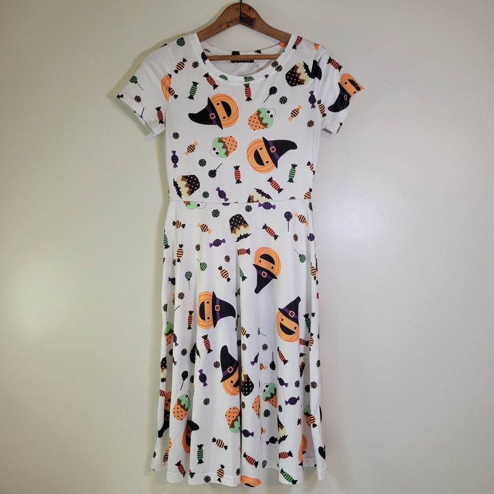 Fensace Womens Halloween Skater Dress Small White Pumpkin Candy Print Flare S